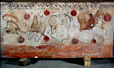 Jeździec i różne elementy jego zbroi Fresk Lucanian z IV wieku pne z nekropolii Paestum we Włoszech. Narodowe Muzeum Archeologiczne, Paestum autorstwa Lucanian School