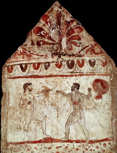 Dwóch atletów grających w pugilat (boks) fresk Lucanian z IV wieku pne, z nekropolii w Paestum we Włoszech. Narodowe Muzeum Archeologiczne, Paestum autorstwa Lucanian School