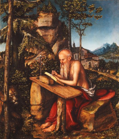 Pismo św. Hieronima w skalistym krajobrazie, ok. 1515 r autorstwa Lucas Cranach