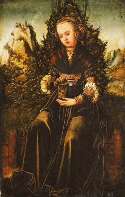 Święta Maria Magdalena siedząca na trawiastym skraju w górzystym krajobrazie, autorstwa Lucas Cranach