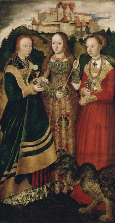 Ołtarz z męczeńską śmiercią św Katarzyny, prawe skrzydło: Św. Barbara, Urszula i Małgorzata autorstwa Lucas Cranach the Elder