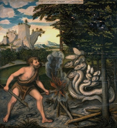 Herkules i wąż lerneański. Z serii Czyny Herkulesa. Po 1537 autorstwa Lucas Cranach the Elder