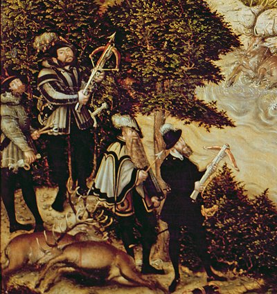 Johann Friedrich Wspaniały, elektor saski i cesarz Karol V polujący na jelenie w pobliżu zamku Hartenfels, Torgau, 1544 (detal z 38682) autorstwa Lucas Cranach the Elder