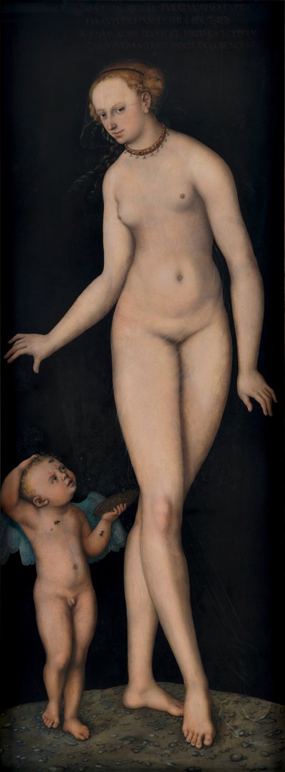 Wenus z Kupidynem jako złodziejka miodu na czarnym tle autorstwa Lucas Cranach the Elder