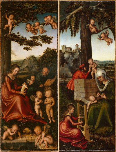 niemiecki: Heilige Familie von Engel umgeben amp; Erziehung der Jungfrau Maria (linker und rechter Flügel eines Marienaltares) Święta Rodzina otoczona aniołami amp; Wychowanie Najświętszej Marii Panny [lewe i prawe skrzydło ołtarza Matki Boskiej] autorstwa Lucas Cranach the Elder and workshop