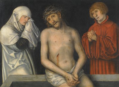 Niemiecki: Der Schmerzensmann zwischen Maria und Johannes Człowiek Boleści flankowany przez Dziewicę i św. Jana autorstwa Lucas Cranach the Younger