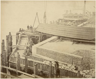 Budowa rozbudowanego basenu Limehouse, Londyn, maj 1869 autorstwa Lucas and Tuck