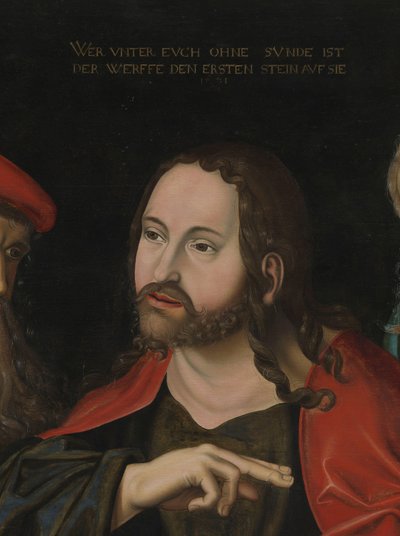 Chrystus i kobieta przyłapana na cudzołóstwie, fragment, ok. 1700 r. (olej na drewnie) autorstwa Lucas the Elder (after) Cranach