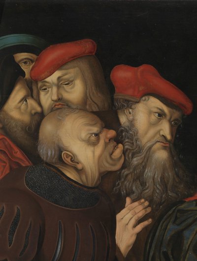 Chrystus i kobieta przyłapana na cudzołóstwie, fragment, ok. 1700 r. (olej na drewnie) autorstwa Lucas the Elder (after) Cranach