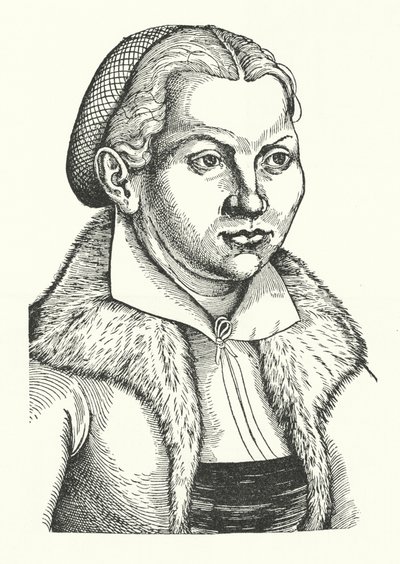 Katharina von Bora, żona niemieckiego reformatora protestanckiego Marcina Lutra (grafika) autorstwa Lucas the Elder (after) Cranach