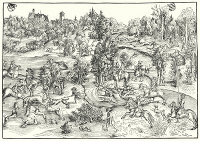 Polowanie na jelenie w parku jeleni lub krajobrazie (grafika) autorstwa Lucas the Elder (after) Cranach