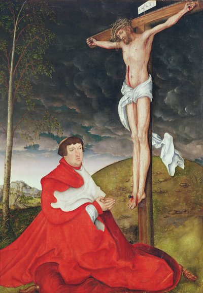 Albert, kardynał elektor Moguncji u stóp krzyża (olej na desce) autorstwa Lucas the Elder Cranach