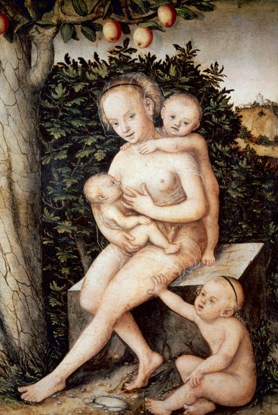 Charytatywna. Obraz Lucasa Cranacha Starszego (1472-1553). Olej na drewnie, ok. 1537, renesans. Królewskie Muzeum Sztuk Pięknych w Antwerpii (Belgia). autorstwa Lucas the Elder Cranach