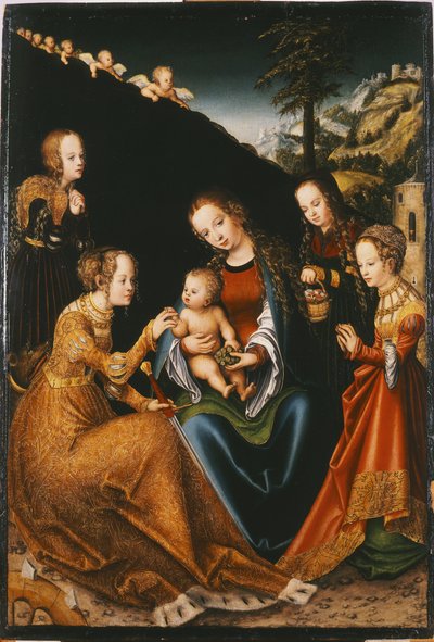 Mistyczne zaślubiny św. Katarzyny Aleksandryjskiej ze św. Dorothee, św. Małgorzatą i św. Barbarą - Mistyczne zaślubiny św. Katarzyny Aleksandryjskiej ze św. Olej włączony autorstwa Lucas the Elder Cranach