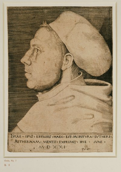 Marcin Luter w czepku lekarskim. Grawerunek ... (grawerunek) autorstwa Lucas the Elder Cranach