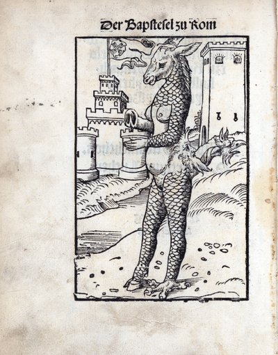 Bapstesel zu Rom (Osioł papieski lub Osa papieski z Rzymu), autorstwa Cranacha, Lucasa, starszego (1472-1553). Drzeworyt autorstwa Lucas the Elder Cranach