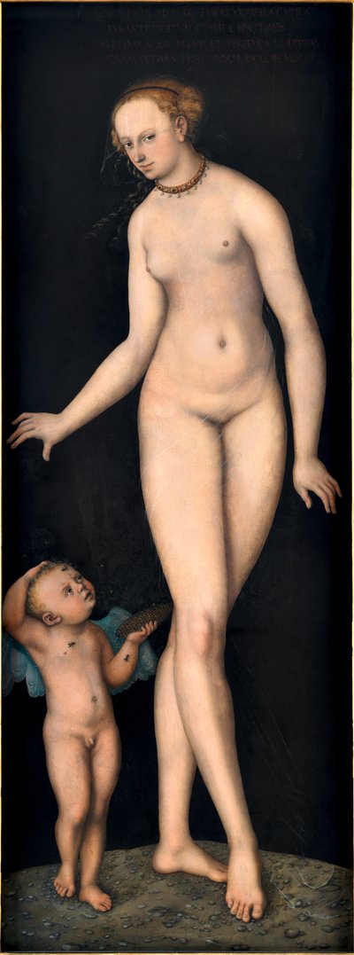 Wenus z Kupidynem, złodziejem miodu, autorstwa Cranacha, Lucasa Starszego (1472-1553). Olej na drewnie, po 1537. Wymiar: 175,4x66,3 cm. Germanisches Nationalmuseum, Norymberga autorstwa Lucas the Elder Cranach