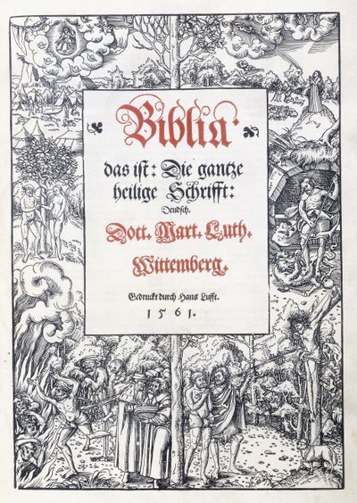 Strona tytułowa, z delikatną bordiurą obrazkową z „Biblia, das ist: Całe pismo święte: niemiecki”, przekład Marcina Lutra, 1560-1561 autorstwa Lucas the Younger Cranach