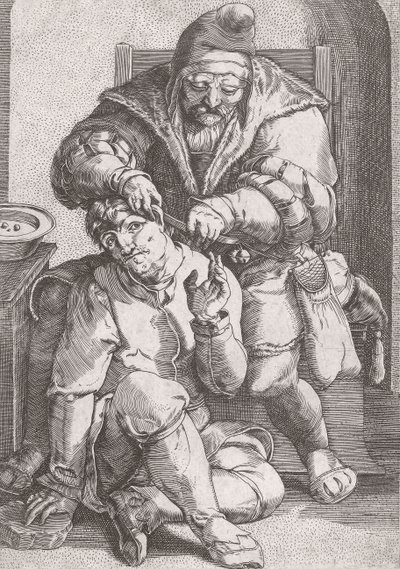 XVII-wieczny cyrulik opiekujący się uchem pacjenta. autorstwa Lucas van (after) Leyden