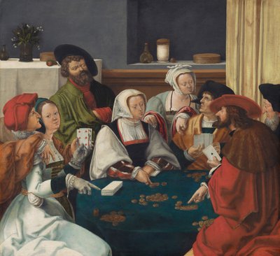 Gracze w karty, prawdopodobnie ok. 1550-99 (olej na płótnie) autorstwa Lucas van (after) Leyden