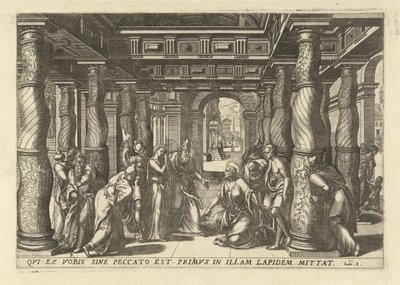 Chrystus en de overspelige vrouw Trzynaście najbardziej eleganckich i ozdobnych ikon Nowego Testamentu w świątyni (tytuł serii) autorstwa Lucas van Doetechum