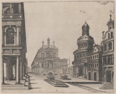 Narożnik pałacu z kolumnadą i okrągłym budynkiem autorstwa Lucas van Doetechum and Johannes