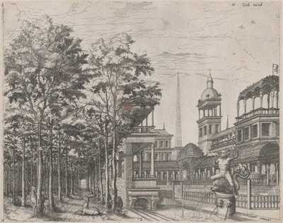 Krajobraz z drzewami, dwoma jeleniami i dziedzińcem pałacowym autorstwa Lucas van Doetechum and Johannes
