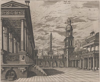 Rynek z kolumnadą po lewej stronie autorstwa Lucas van Doetechum and Johannes