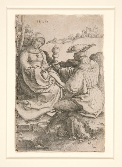 Szlachcic i dama siedzący w krajobrazie autorstwa Lucas van Leyden