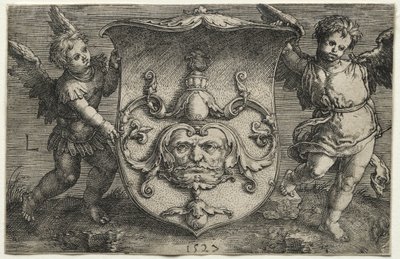 Tarcza nosząca maskę podtrzymywana przez dwóch geniuszy, 1527. autorstwa Lucas van Leyden