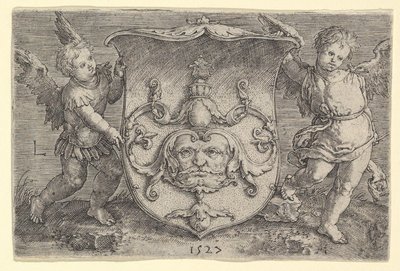 Herb z maską, trzymany przez dwóch Genii, 1527. autorstwa Lucas van Leyden