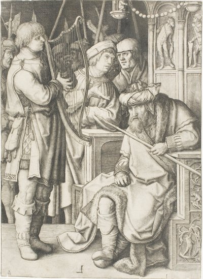 Dawid gra na harfie przed Saulem autorstwa Lucas van Leyden