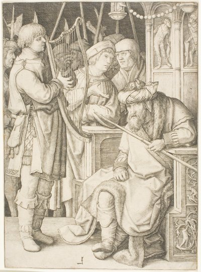 Dawid gra na harfie przed Saulem autorstwa Lucas van Leyden
