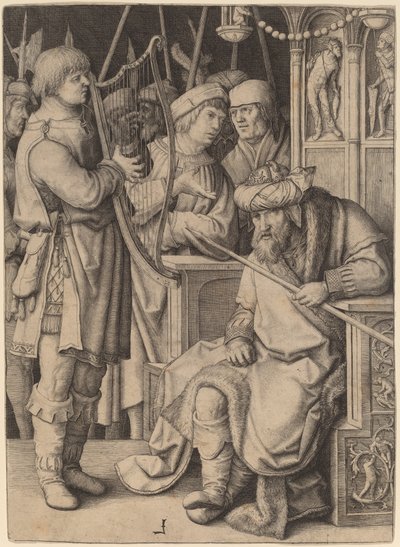 Dawid grający na harfie przed Saulem autorstwa Lucas van Leyden