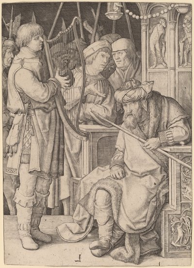 Dawid grający na harfie przed Saulem autorstwa Lucas van Leyden