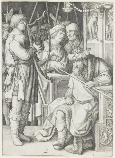 Dawid grający na harfie przed Saulem, ok. 1508 r. autorstwa Lucas van Leyden
