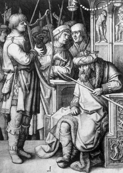 Dawid grający na harfie przed królem Saulem, ok. 1508 r., Lucas van Leyden (ok. 1494-1533), rycina autorstwa Lucas van Leyden