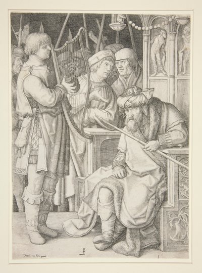 Dawid grający na harfie przed Saulem autorstwa Lucas van Leyden