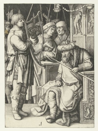Dawid gra na harfie dla Saula autorstwa Lucas van Leyden