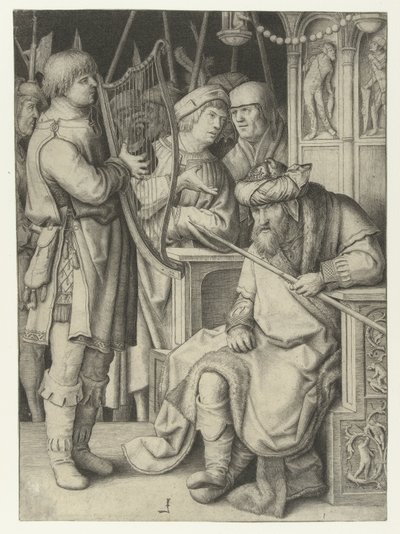 Dawid gra na harfie dla Saula autorstwa Lucas van Leyden