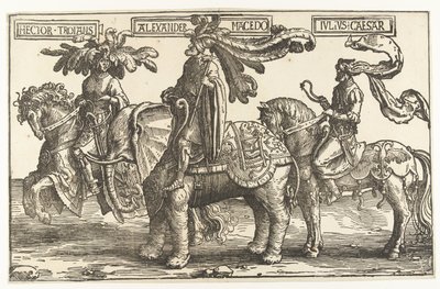 Bohaterowie Hektor Troi, Aleksander Wielki i Juliusz Cezar Dziewięciu Bohaterów (tytuł serii) autorstwa Lucas van Leyden