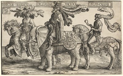 Hektor Troi, Aleksander Macedoński, Juliusz Cezar, z Dziewięciu Bohaterów autorstwa Lucas van Leyden