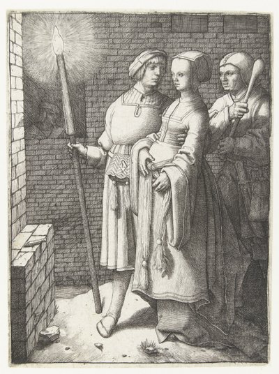 Młody mężczyzna z pochodnią, kobieta i nar autorstwa Lucas van Leyden