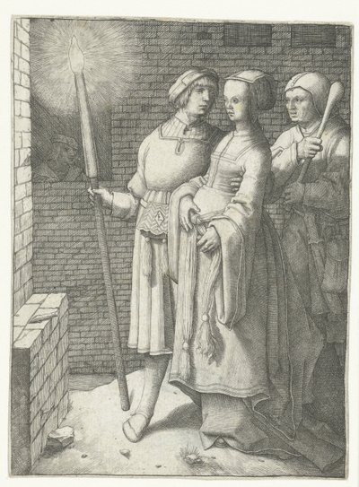 Młody mężczyzna z pochodnią, kobieta i nar autorstwa Lucas van Leyden