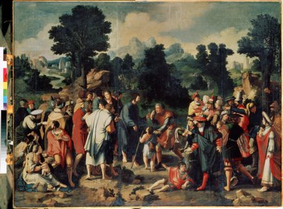 Uzdrowienie ślepca z Jerycha (panel środkowy). Uzdrowienie niewidomego mężczyzny z Jerycha. Cud Jezusa Chrystusa, który uzdrawia Bartymeusza z Jerycha i przywraca mu wzrok. Obraz Lucasa Van Leydena (1489/94-1533) autorstwa Lucas van Leyden