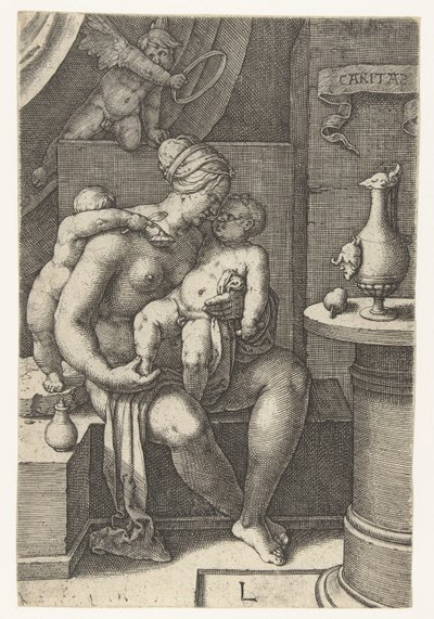 Miłość Caritas (tytuł na obiekcie) Siedem cnót (tytuł serii) autorstwa Lucas van Leyden