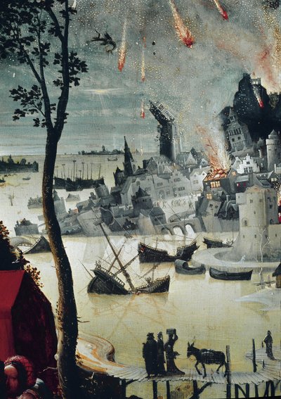 Lot i jego córki, szczegół zniszczenia Sodomy (olej na desce, ok. 1517) autorstwa Lucas van Leyden