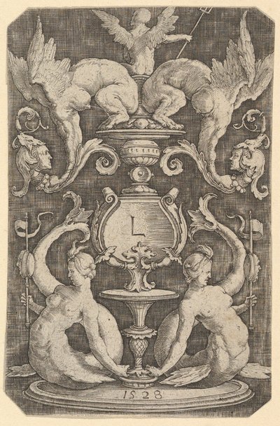 Panel ozdoby z dwiema syrenami, 1528. autorstwa Lucas van Leyden