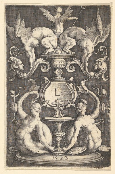 Panel ozdoby z dwiema syrenami, 1528. autorstwa Lucas van Leyden