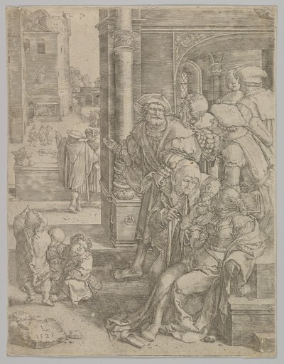 Poeta Virgil zawieszony w koszu, 1525. autorstwa Lucas van Leyden